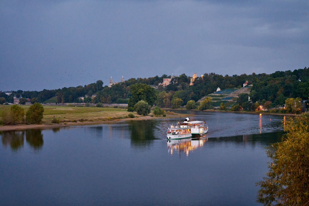 The Elbe with the Dresden Elbe castles and a paddle steamer